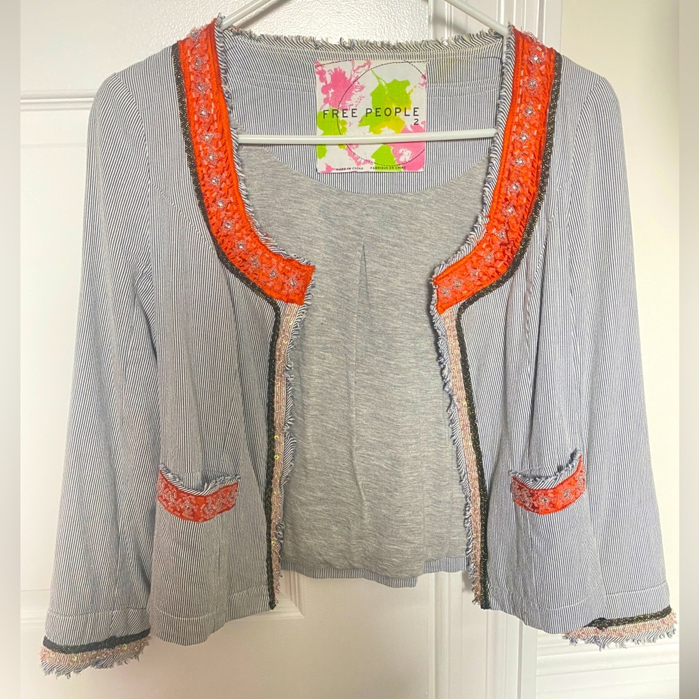 Free People Cropped Beaded Jacket, Blue White Orange, Size 2